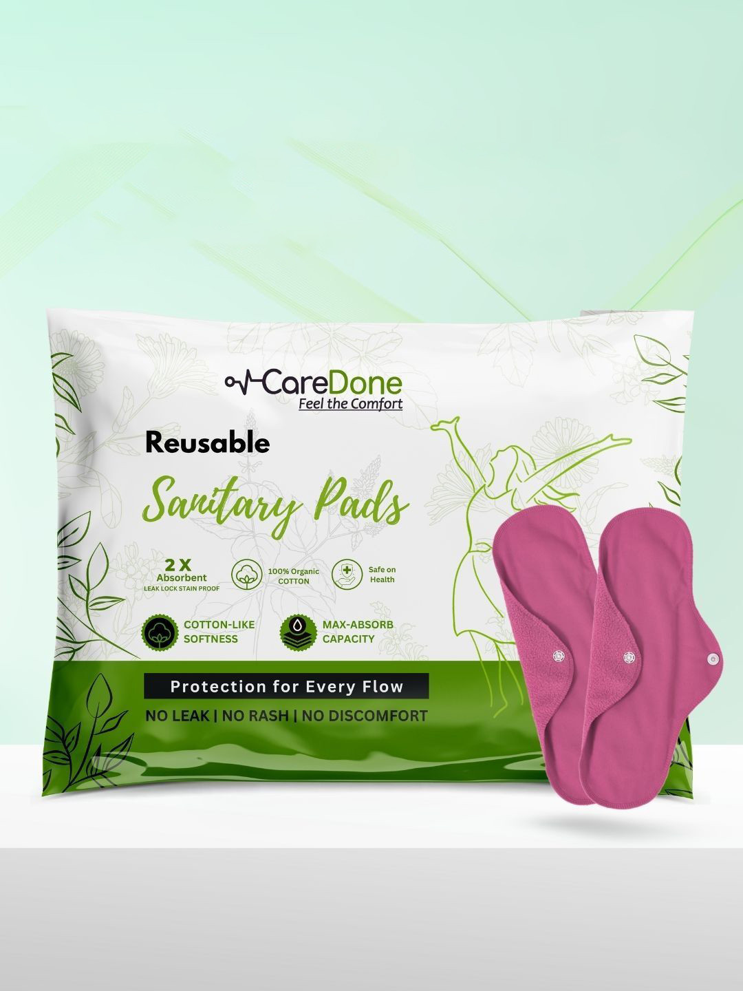 CareDone Set Of 2 Washable & Reusable Comfty Extra Large Organic Cotton Sanitary Pads - Xl