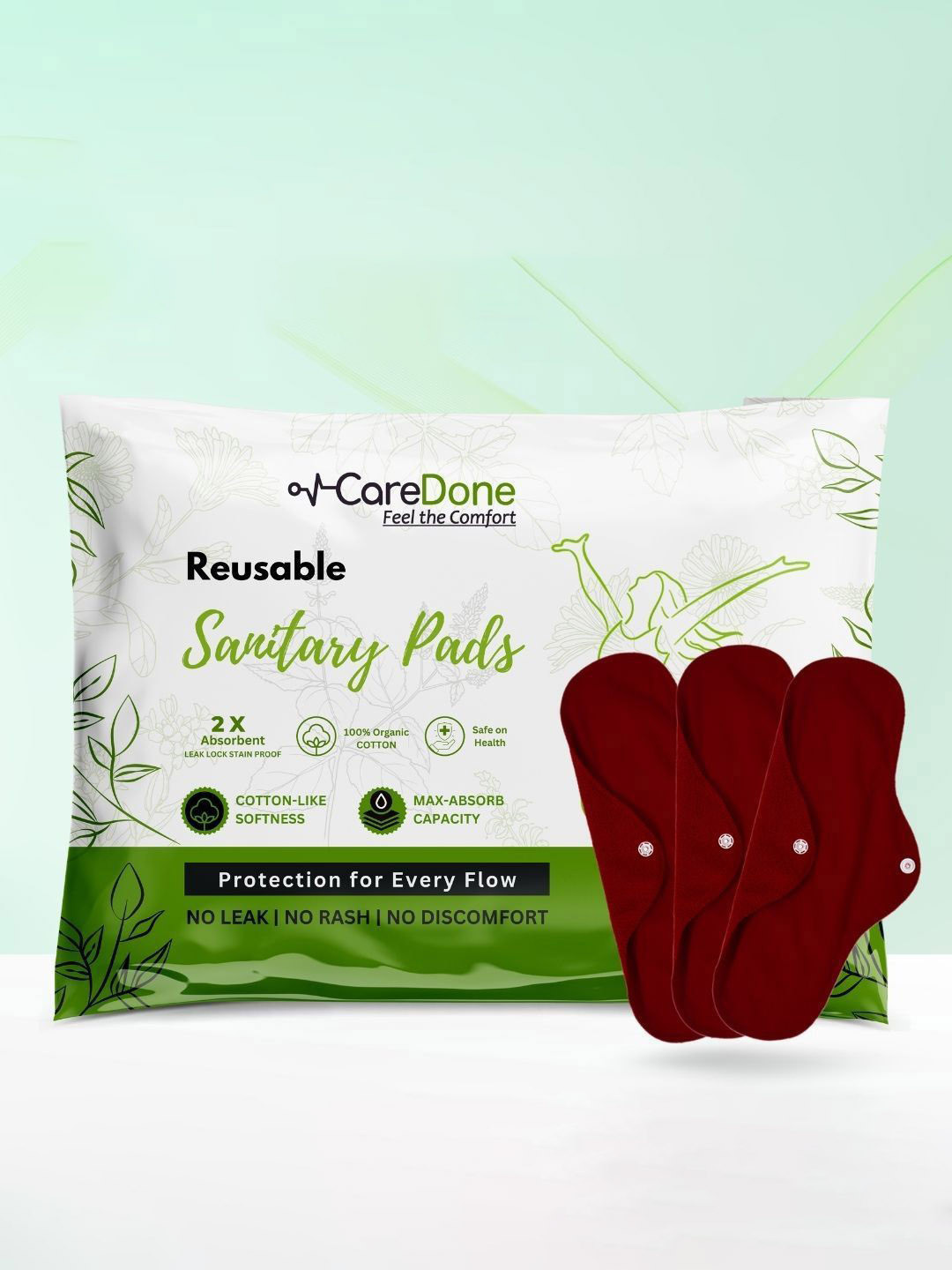 CareDone Set Of 2 Washable & Reusable Comfty Extra Large Organic Cotton Sanitary Pads - Xl