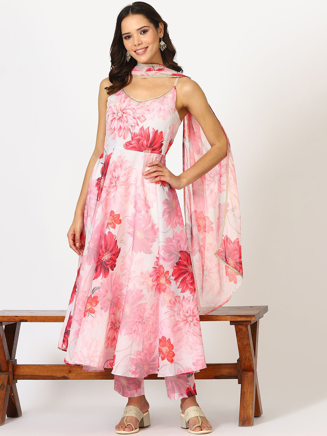 W Floral Printed Shoulder Strap Neck Empire Anarakali Kurta With Trousers And Dupatta