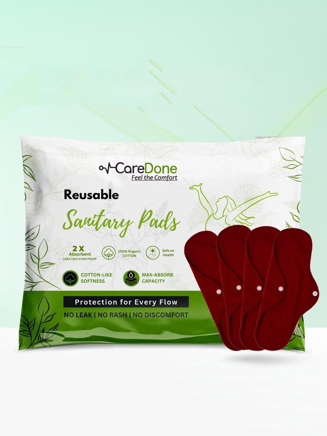 CareDone Set Of 4 Washable & Reusable Comfty Extra Large Organic Cotton Sanitary Pads - Xl