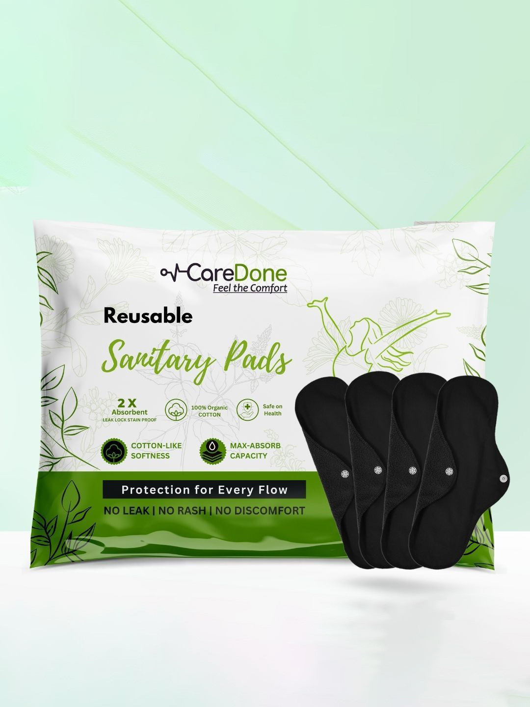 CareDone Set Of 4 Washable & Reusable Comfty Extra Large Organic Cotton Sanitary Pads - Xl