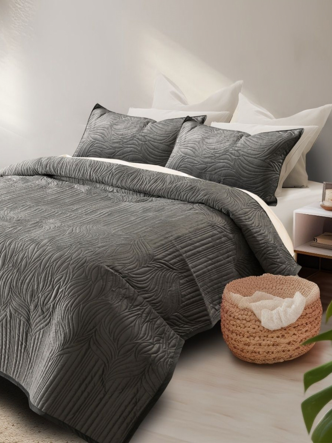 HOSTA HOMES Grey Textured Velvet 280 GSM Queen Size Quilted Bed Cover & 2 Pillow Covers