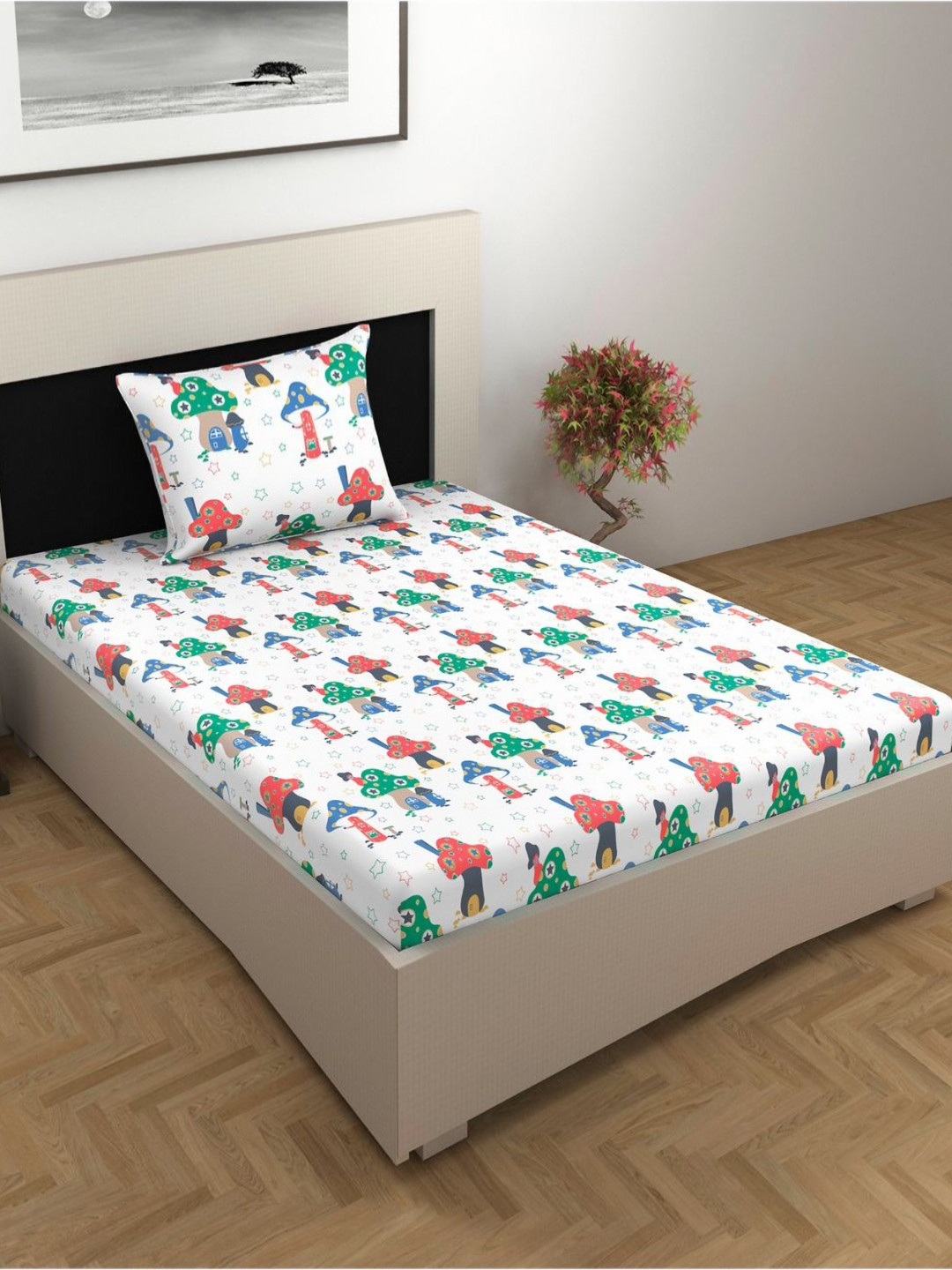 Divine Casa Prisham White Conversational Pure Cotton 144 TC Single Bedsheet with a Pillow Cover-88 x 57 inches