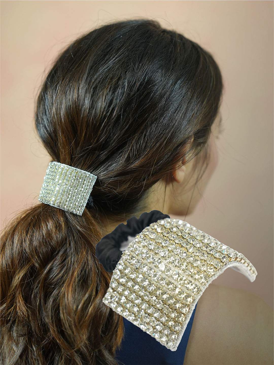 HAIR DRAMA CO. Women Silver-Toned Crystal Embellished Satin Scrunchie
