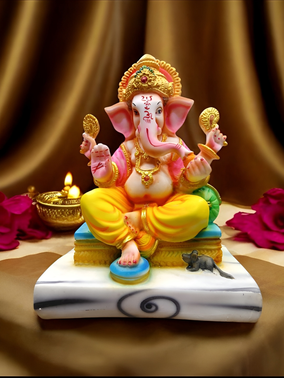 SANKALAN CREATIONS Lord Ganesha Yellow Marble Glossy Prayer Room Medium Showpiece - 7.5 Inches