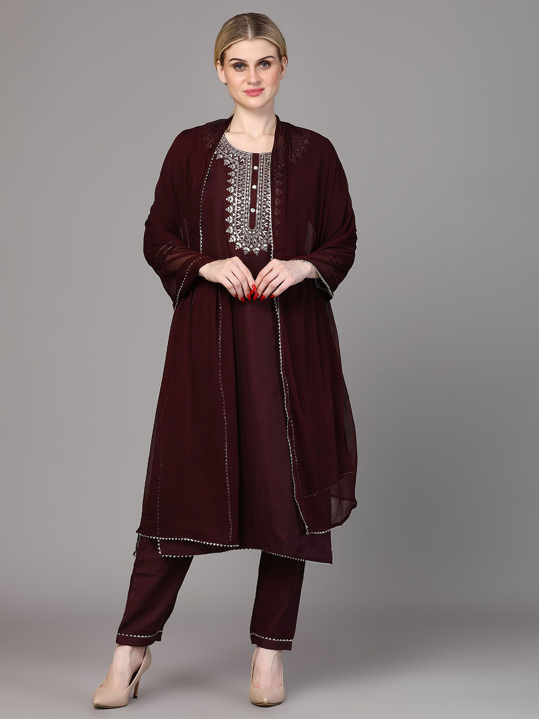 SURMEDANI Floral Embroidered Straight Kurta With Trousers And Dupatta