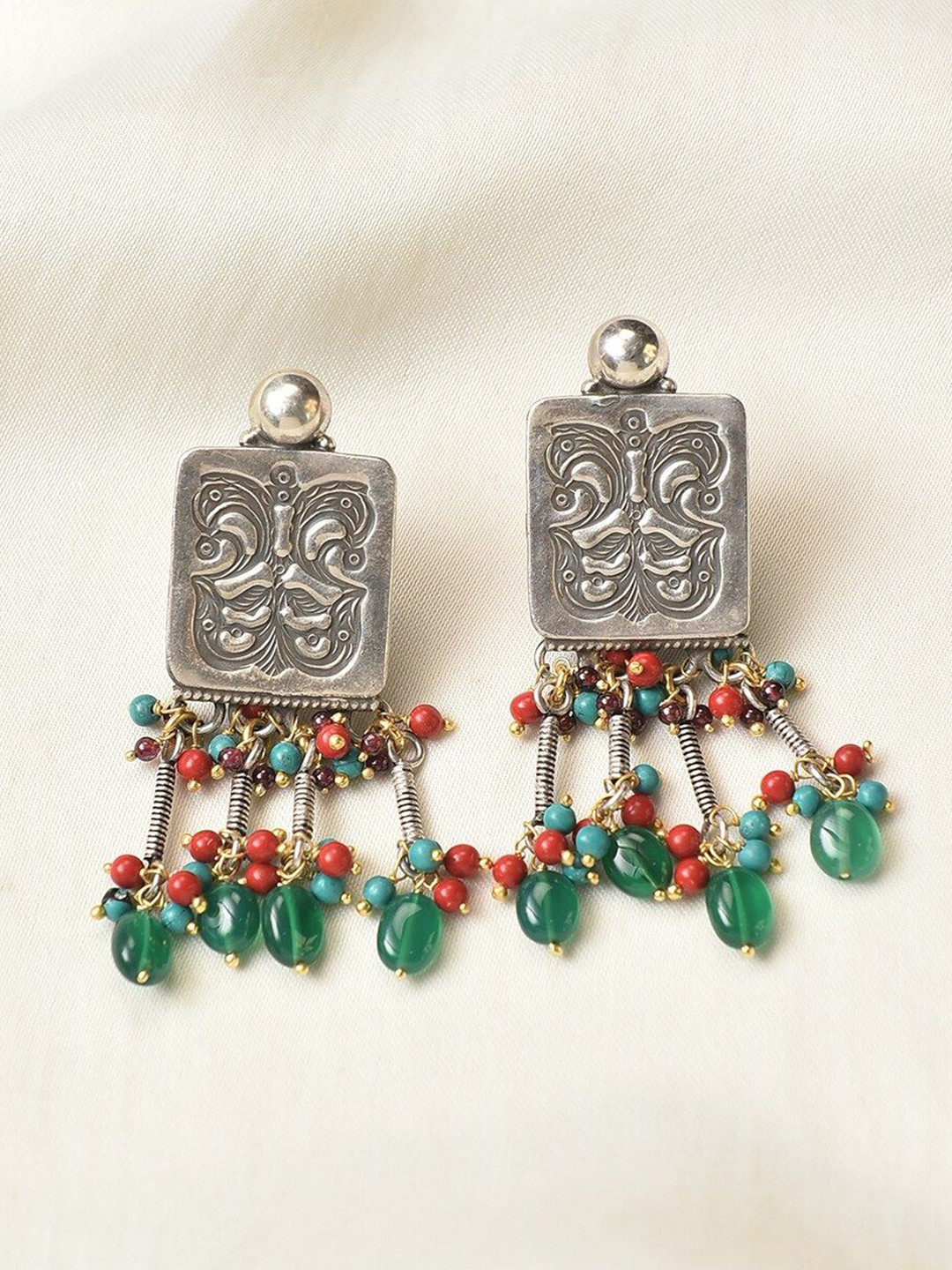 JAYPORE Silver-Plated Turquoise Stones Studded & Beaded Square Shaped Drop Earrings