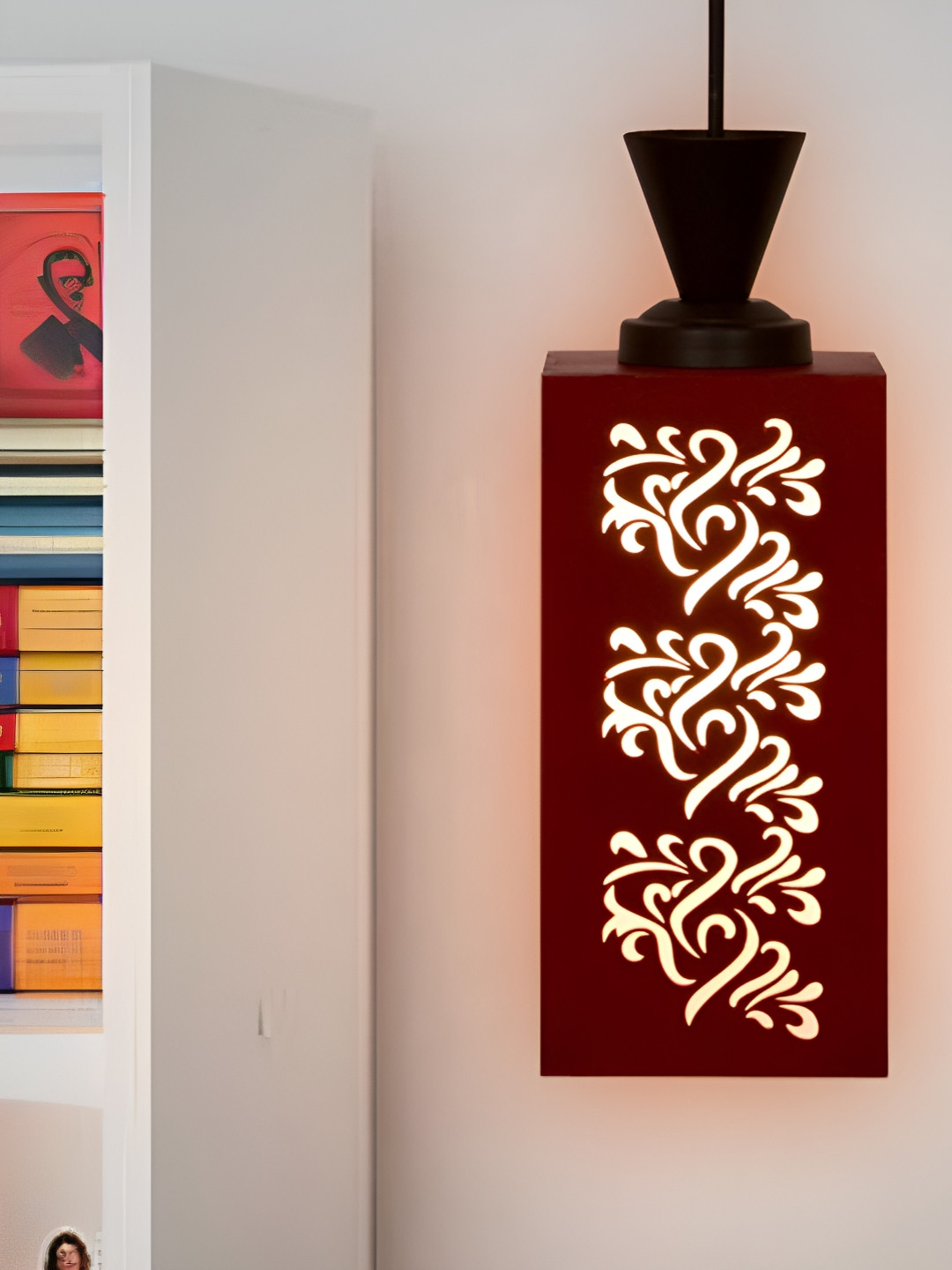 Gojeeva Red and White Wooden Textured Contemporary Rectangle Shaped Wall Lamp