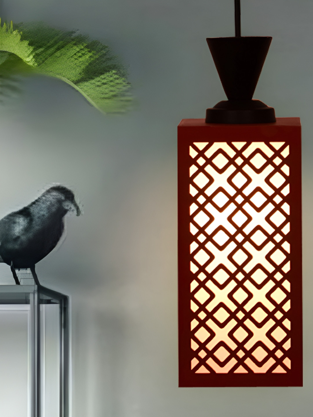 Gojeeva Red & White Textured Wooden Square Shaped Celling Lamp