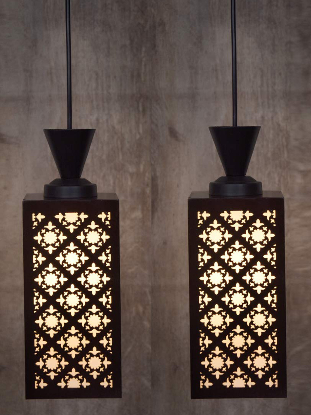 Gojeeva Black & White 2 Pieces Floral Textured Rectangle Shaped Wooden Hanging Wall Lamps