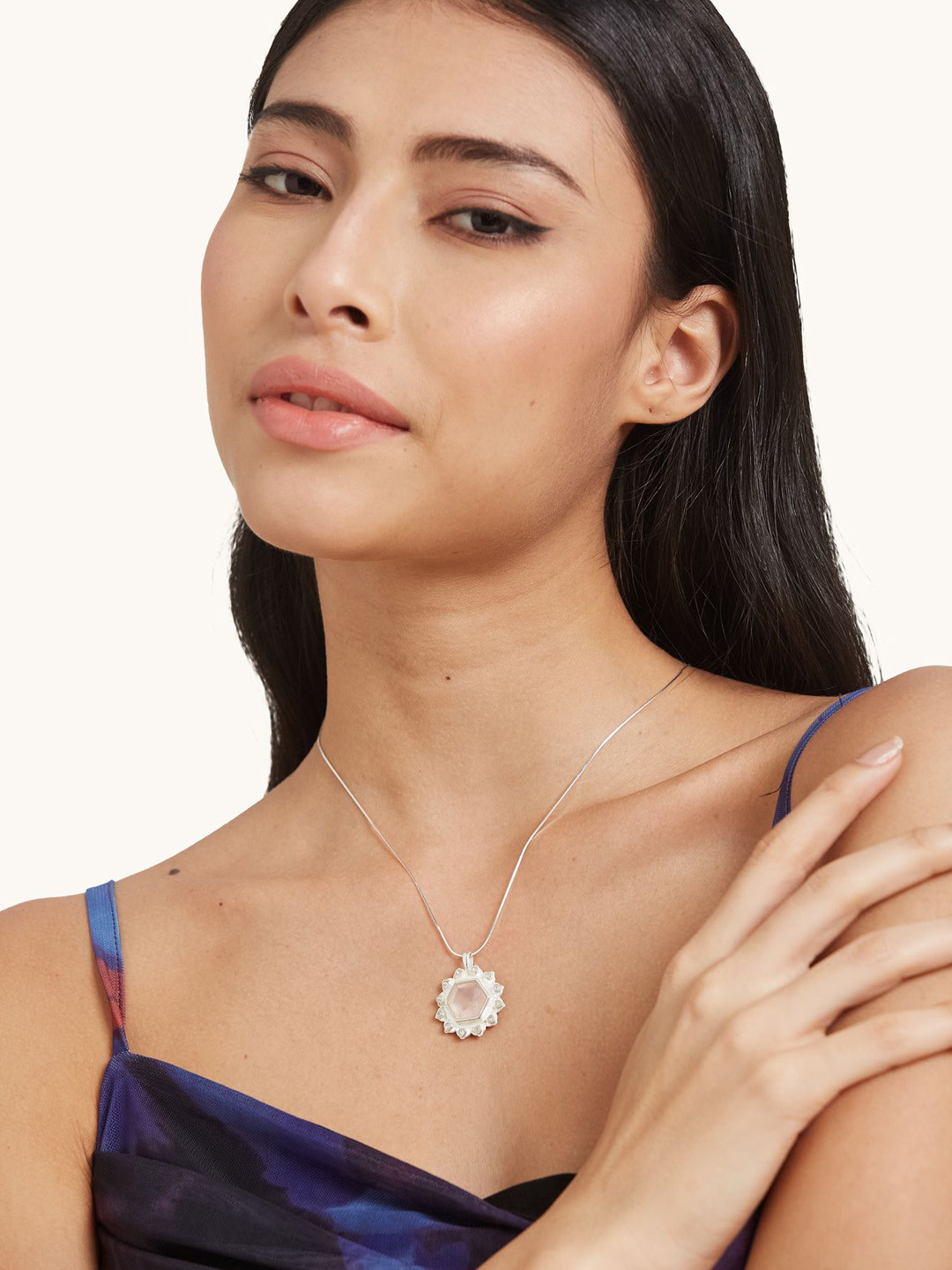 Mareeci Silver-Plated Brass Quartz Contemporary Celestial Blush Pendant with Chain