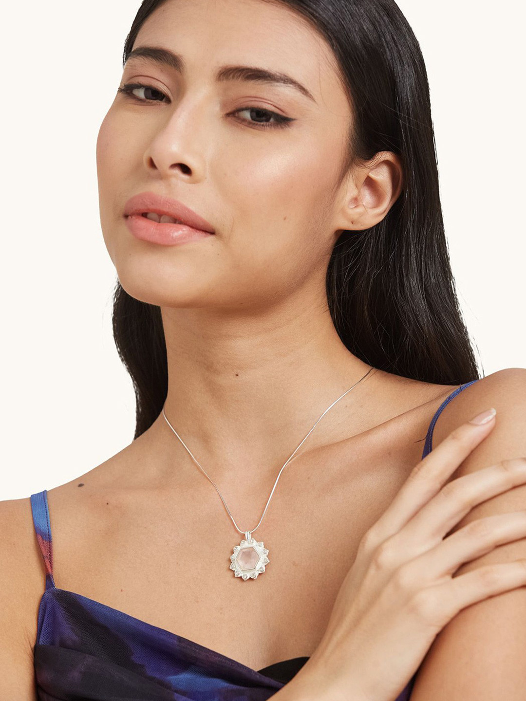 Mareeci 925 Sterling Silver-Plated Quartz Floral Celestial Blush Pendant