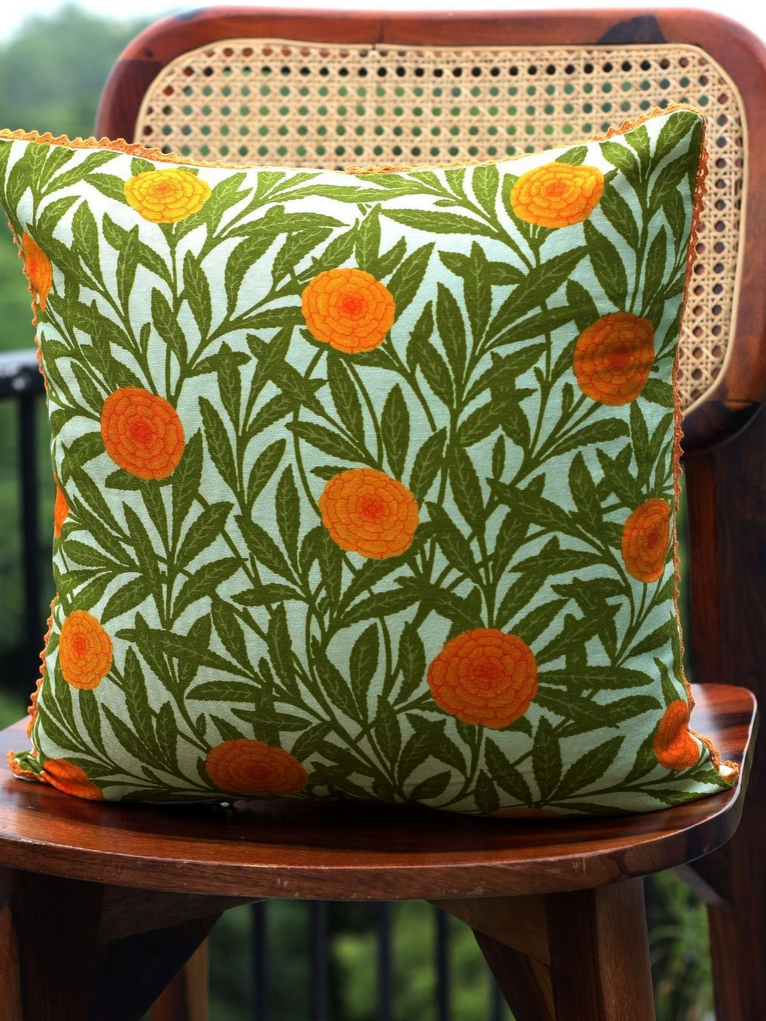 Abolee Homes Green & Orange Coloured Floral Printed Cotton Square Cushion Covers