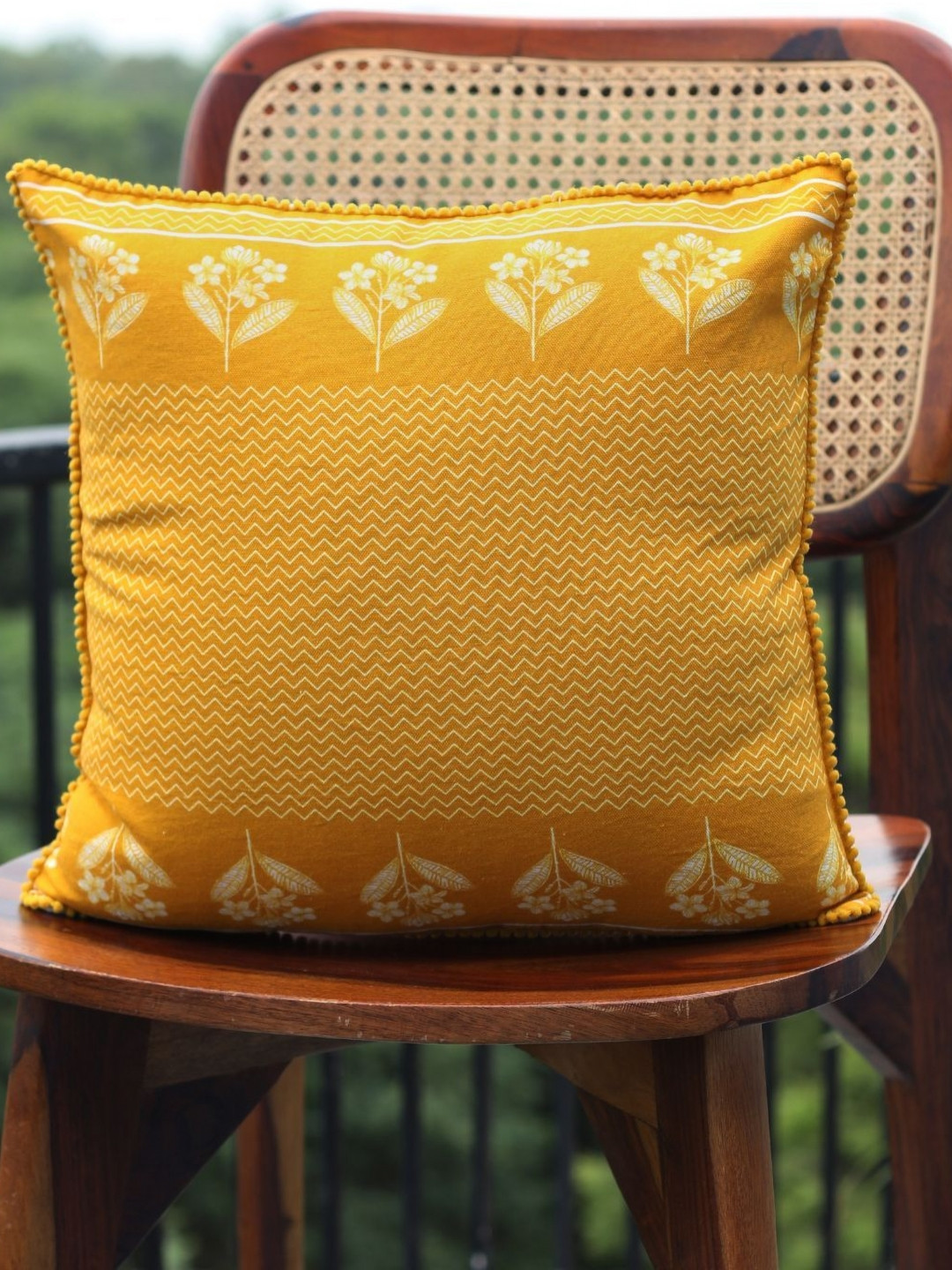 Abolee Homes Yellow Floral Cotton Breathable Square Cushion Cover -16x16In