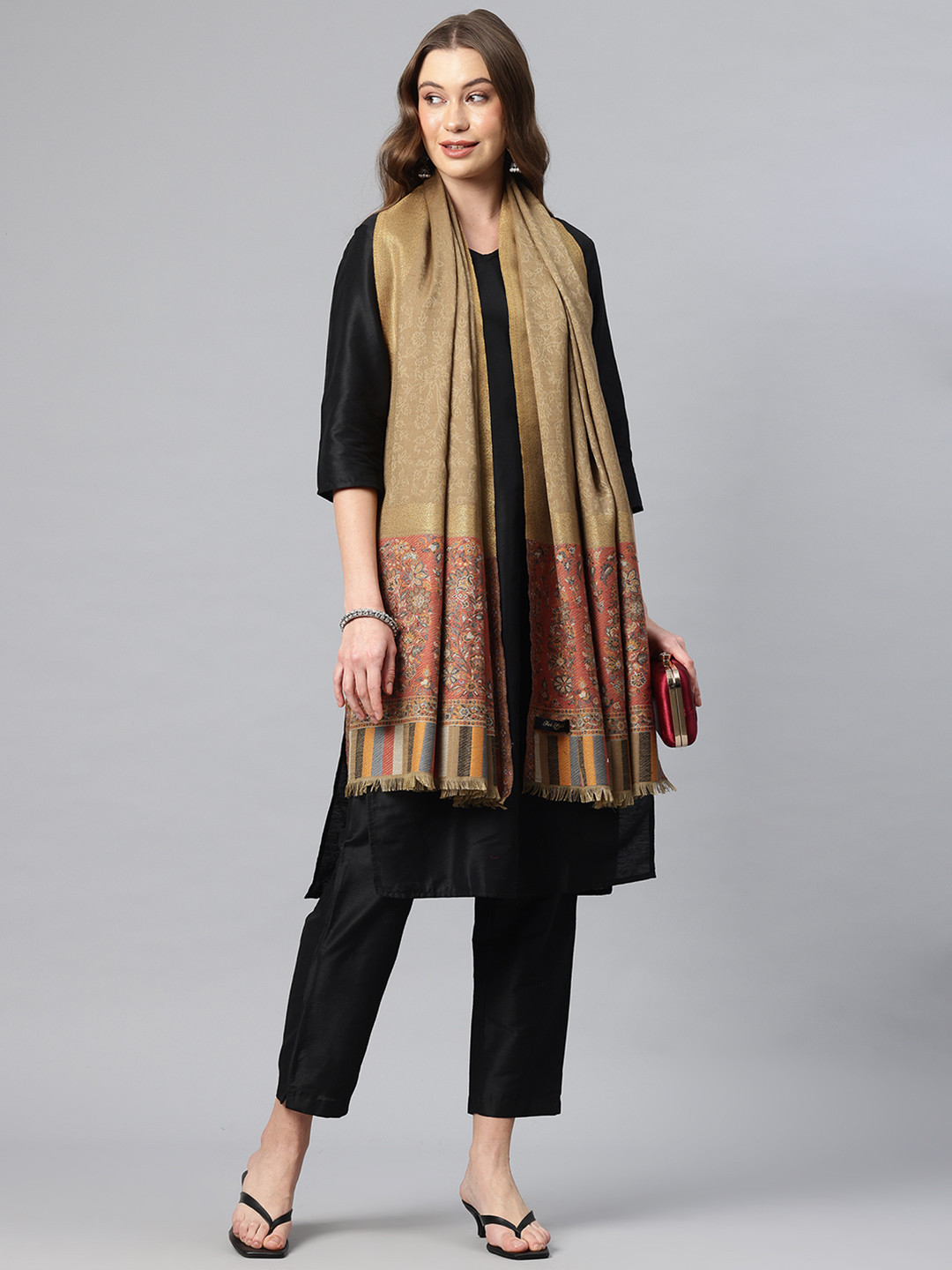 SWI Stylish Kani Woven Design Stole With Zari Border