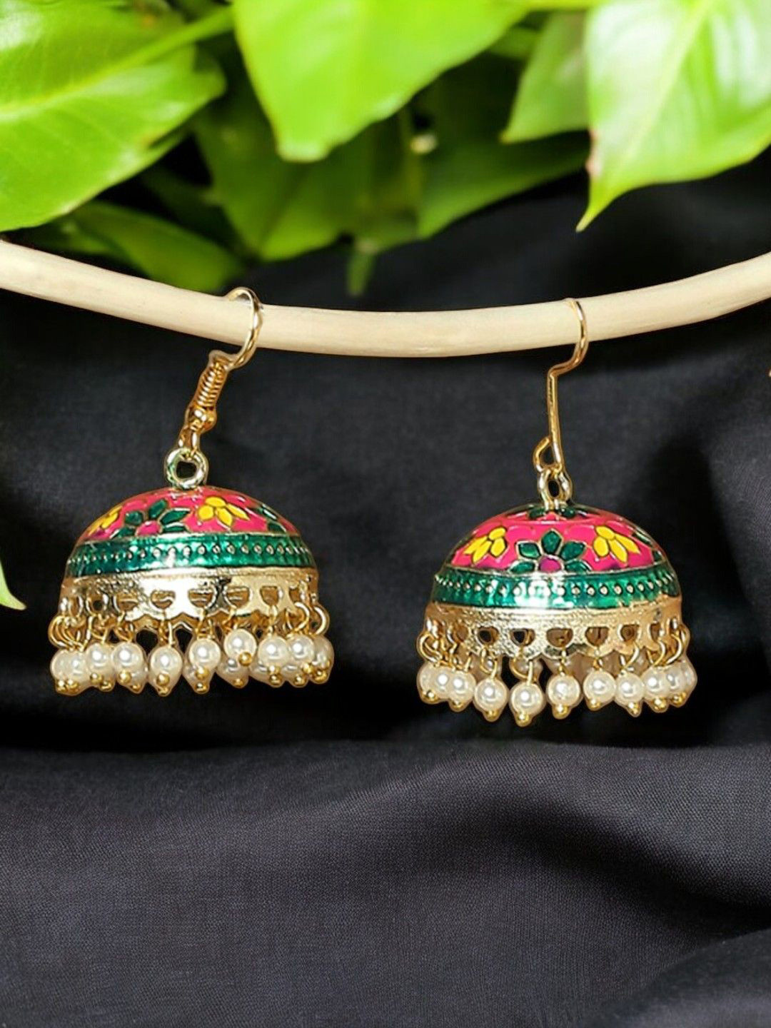 OOMPH Gold-Plated Artificial Beaded Dome Shaped Meenakari Jhumkas
