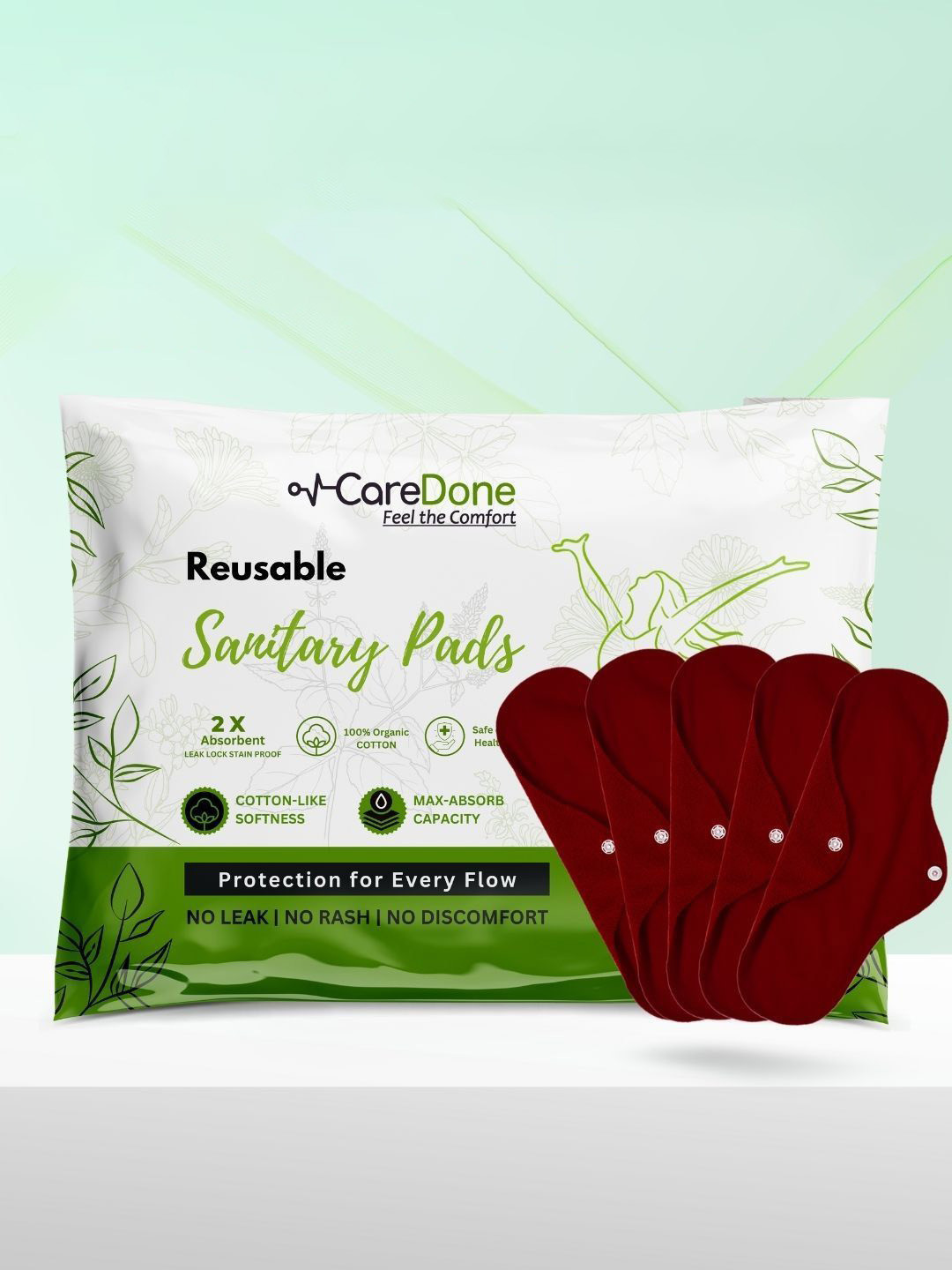 CareDone Set Of 5 Washable & Reusable Comfty Extra Large Organic Cotton Sanitary Pads - Xl