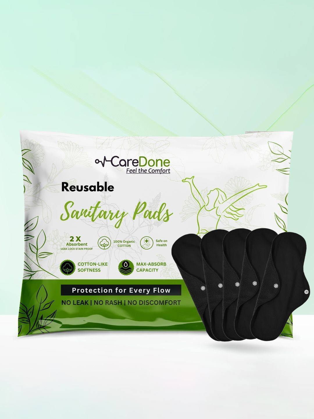 CareDone Set Of 5 Washable & Reusable Comfty Extra Large Organic Cotton Sanitary Pads - Xl