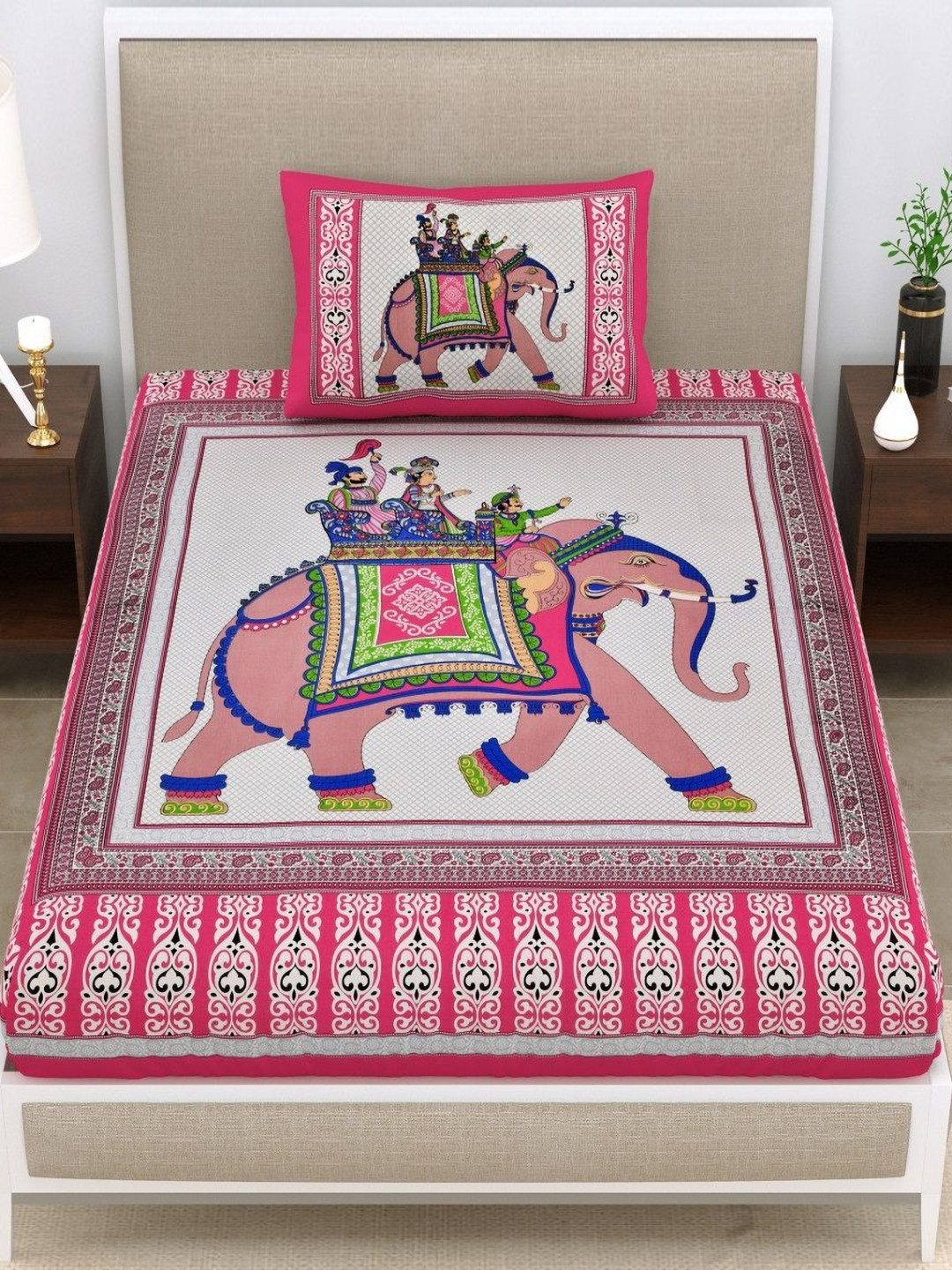 HOMELINE Pink Ethnic Motifs Cotton 140 TC Single Bedsheet with a Pillow Cover-98 x 59 inches
