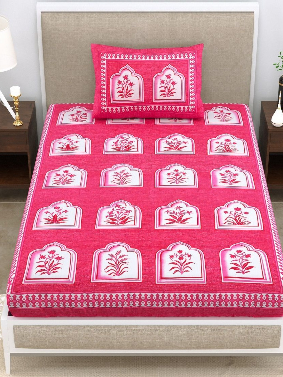 HOMELINE Pink Ethnic Motifs Cotton 140 TC Single Bedsheet with a Pillow Cover-250 x 150 cm