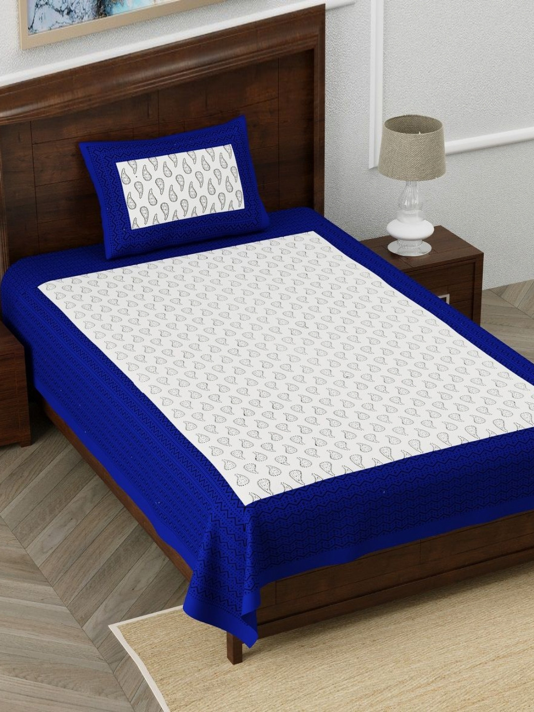 HOMELINE Blue Paisley Cotton 140 TC Single Bedsheet with a Pillow Cover-250 x 150 cm