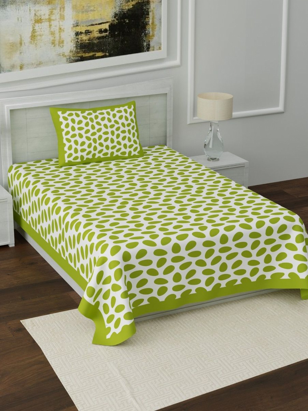 HOMELINE Green Geometric Cotton 140 TC Single Bedsheet with a Pillow Cover-250 x 150 cm