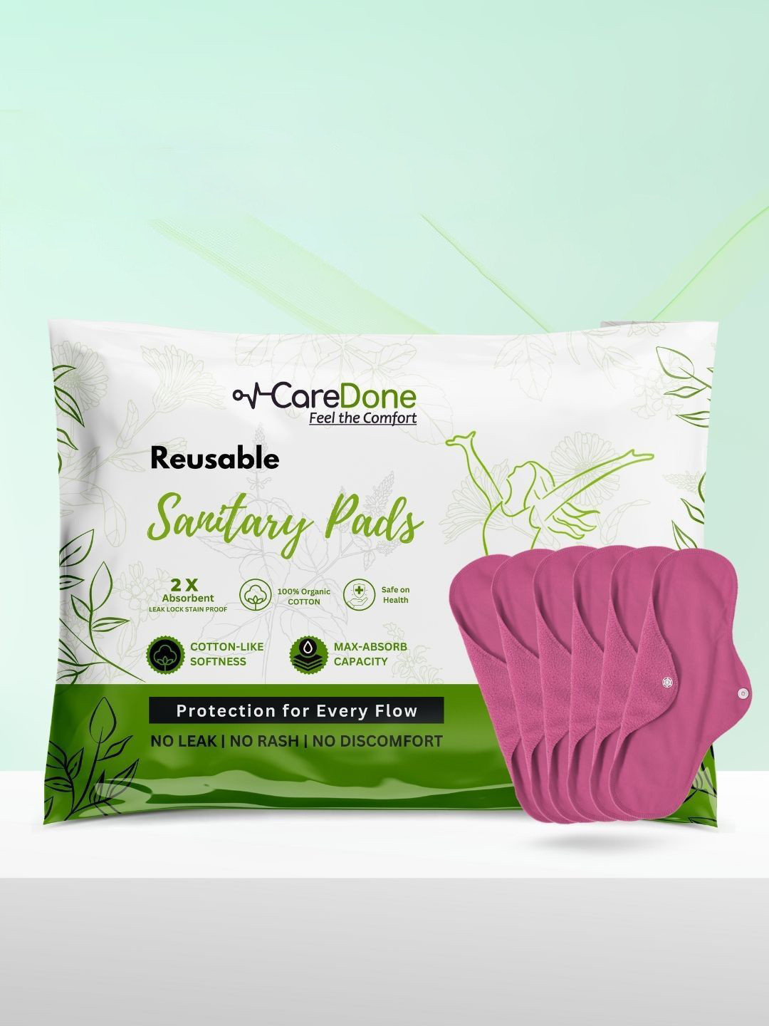 CareDone Set Of 6 Washable & Reusable Comfty Extra Large Organic Cotton Sanitary Pads - Xl