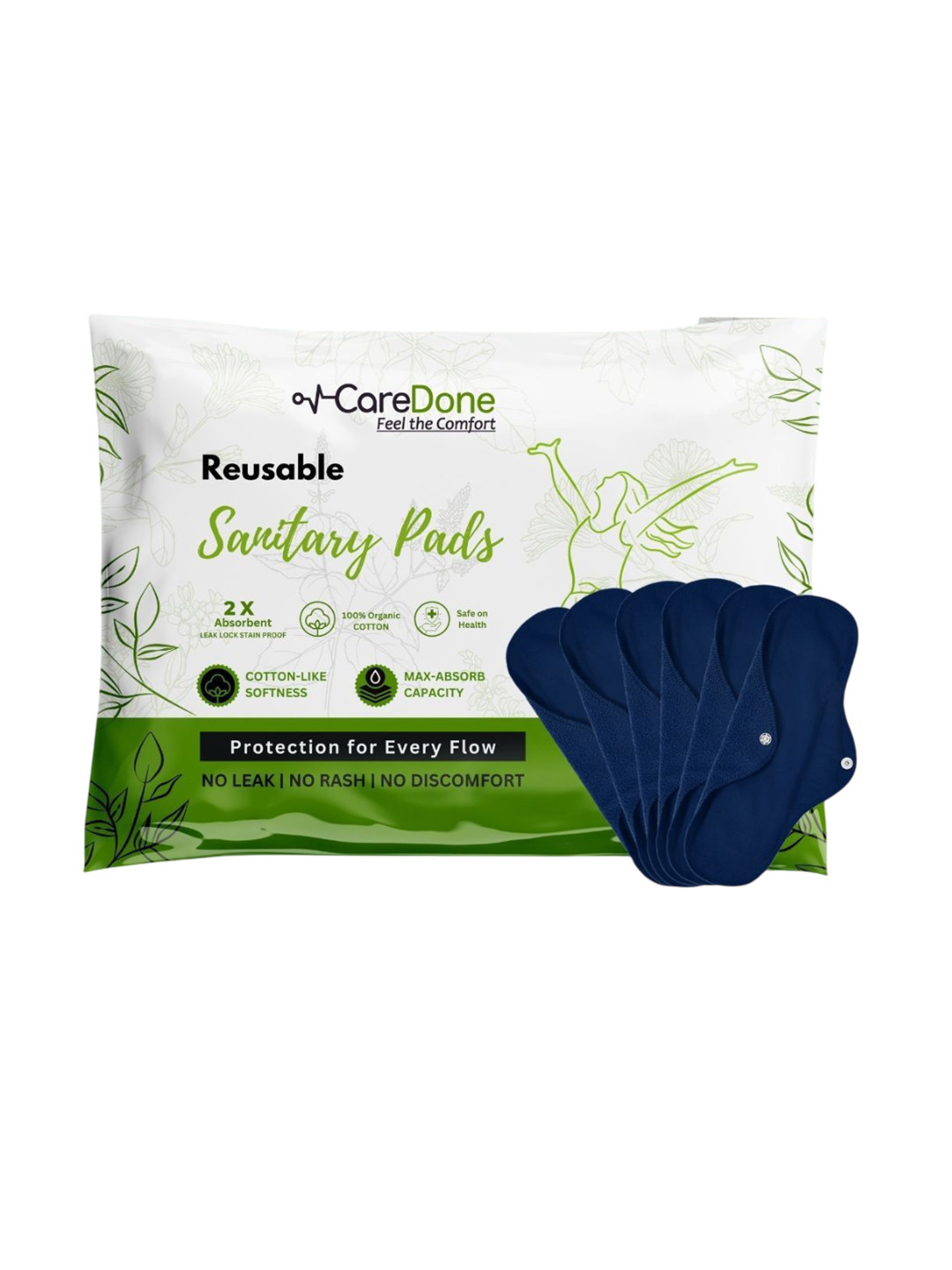 CareDone Set Of 6 Washable & Reusable Comfty Extra Large Organic Cotton Sanitary Pads - Xl