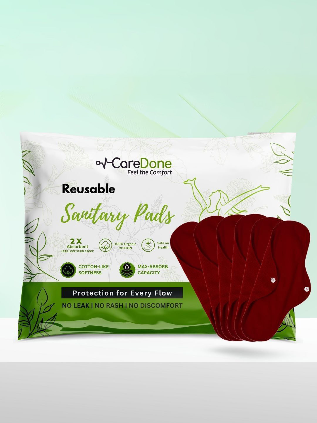 CareDone Set Of 6 Washable & Reusable Comfty Extra Large Organic Cotton Sanitary Pads - Xl