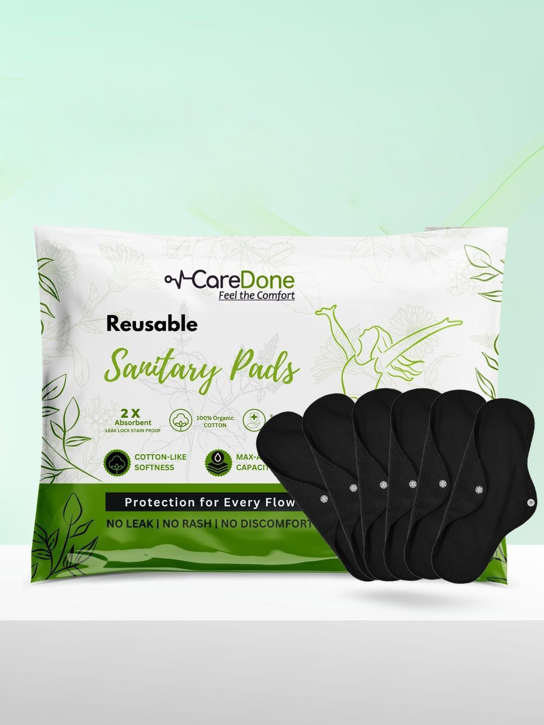 CareDone Set Of 6 Washable & Reusable Comfty Extra Large Organic Cotton Sanitary Pads - Xl