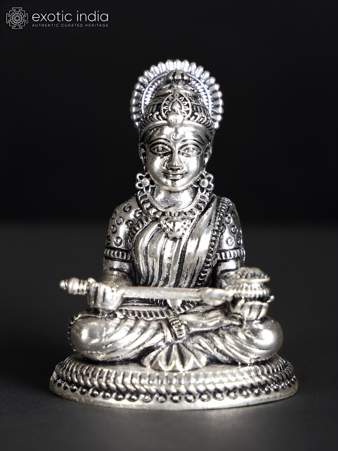 Exotic India Devi Annapurna Silver Brass Metallic Prayer Room Tiny Showpiece - 2.8 Inches