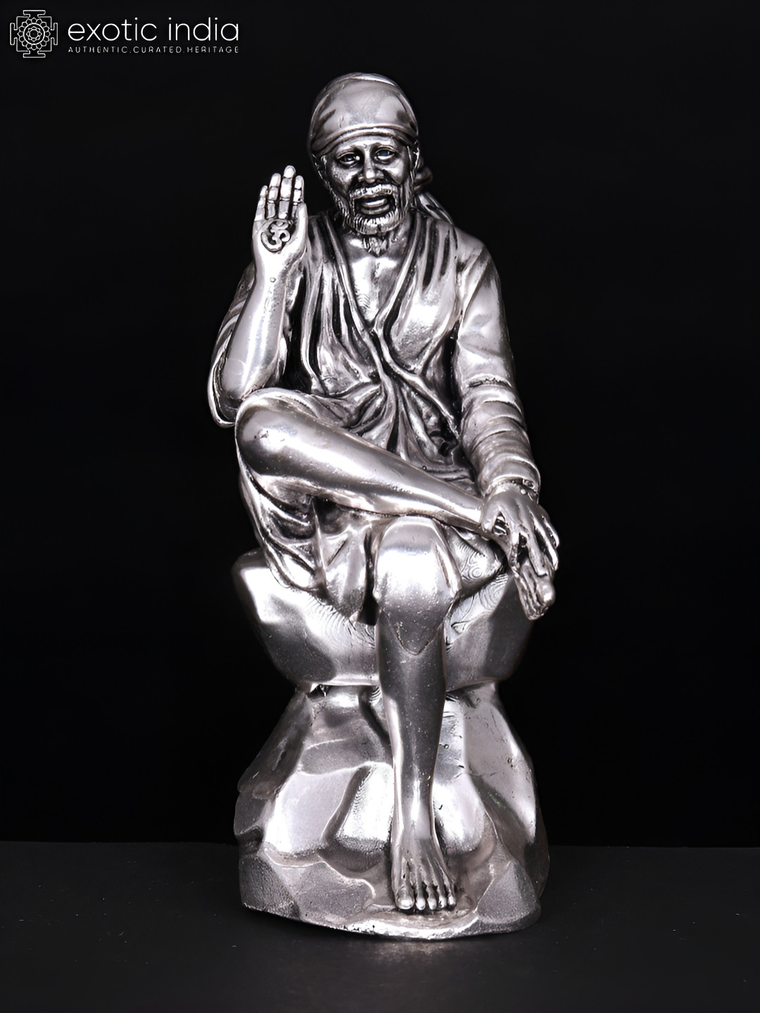 Exotic India Sai Baba Silver Brass Metallic Prayer Room Small Showpiece - 5 Inches