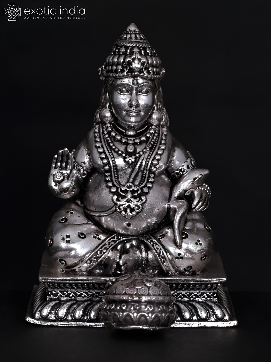 Exotic India Blessing Lord Kubera Silver Brass Metallic Prayer Room Small Showpiece - 4 Inches