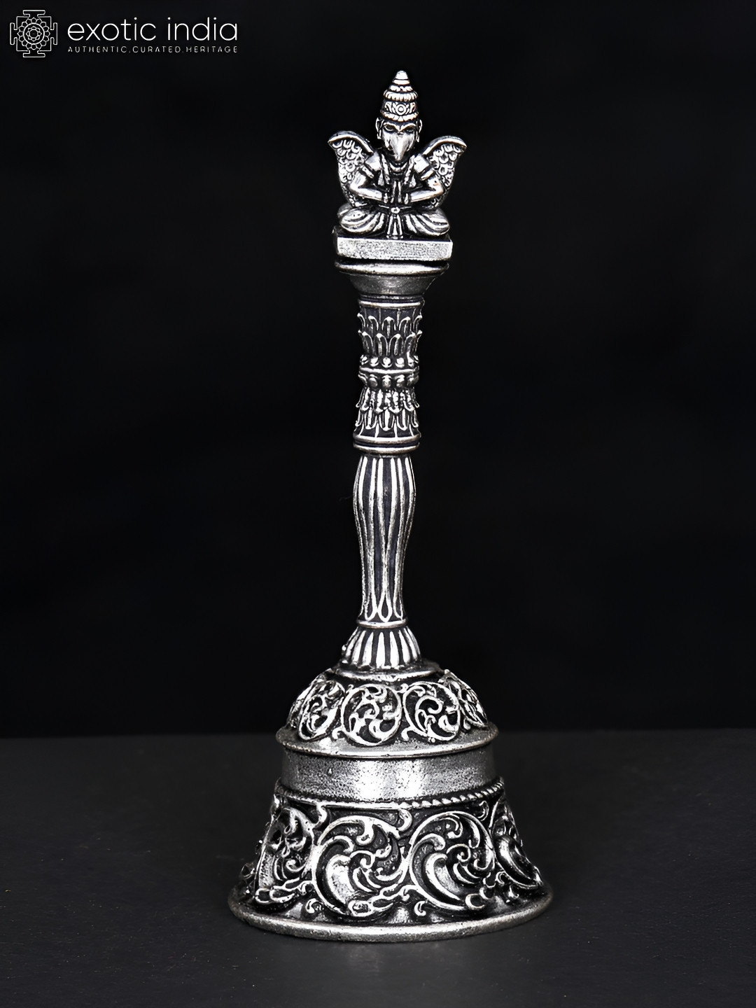 Exotic India Garuda Ghanti Silver Brass Metallic Prayer Room Small Showpiece - 4.5 Inches