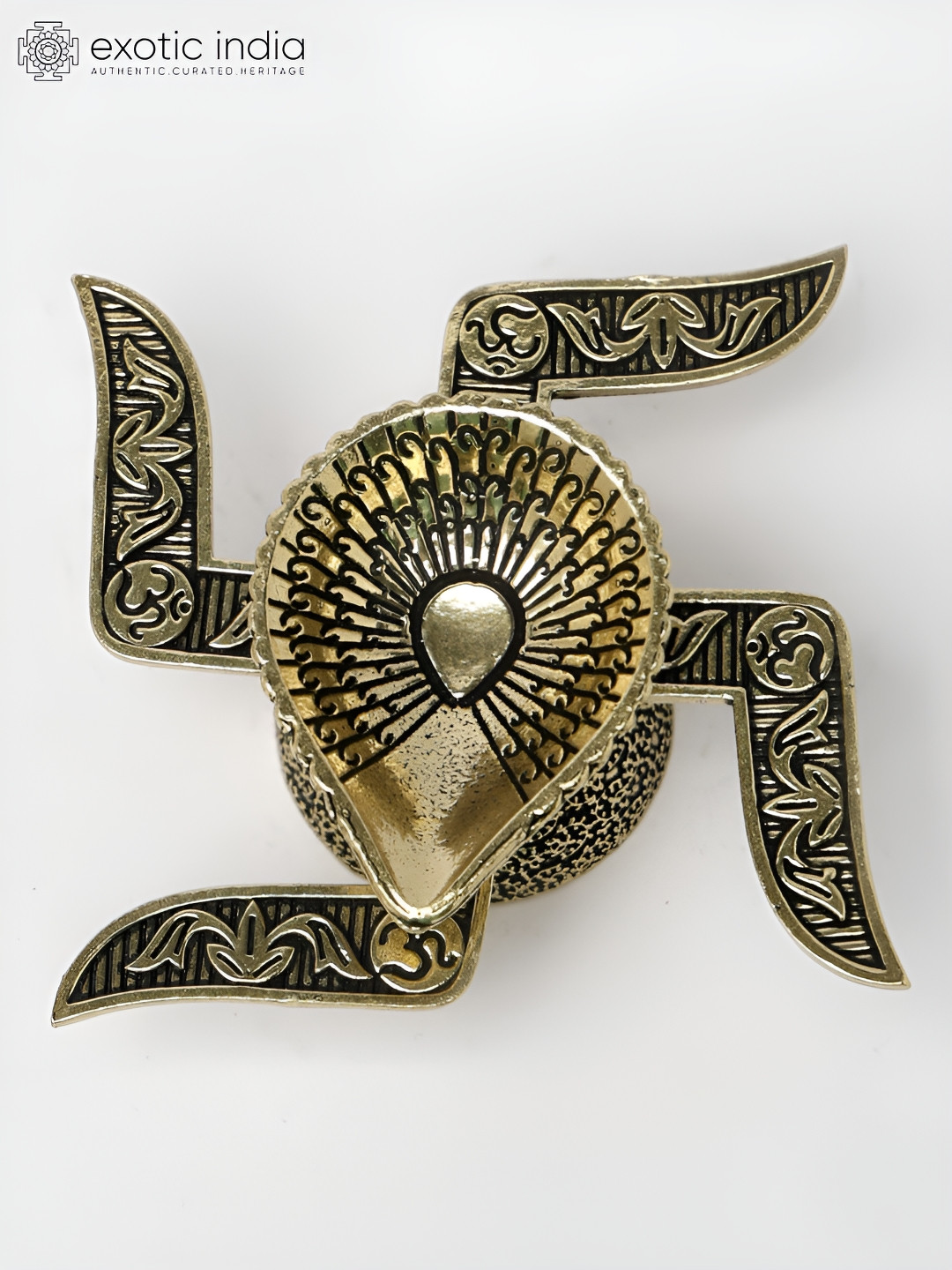 Exotic India Swastik Diya Gold Brass Metallic Living Room Tiny Showpiece - 1.3 Inches
