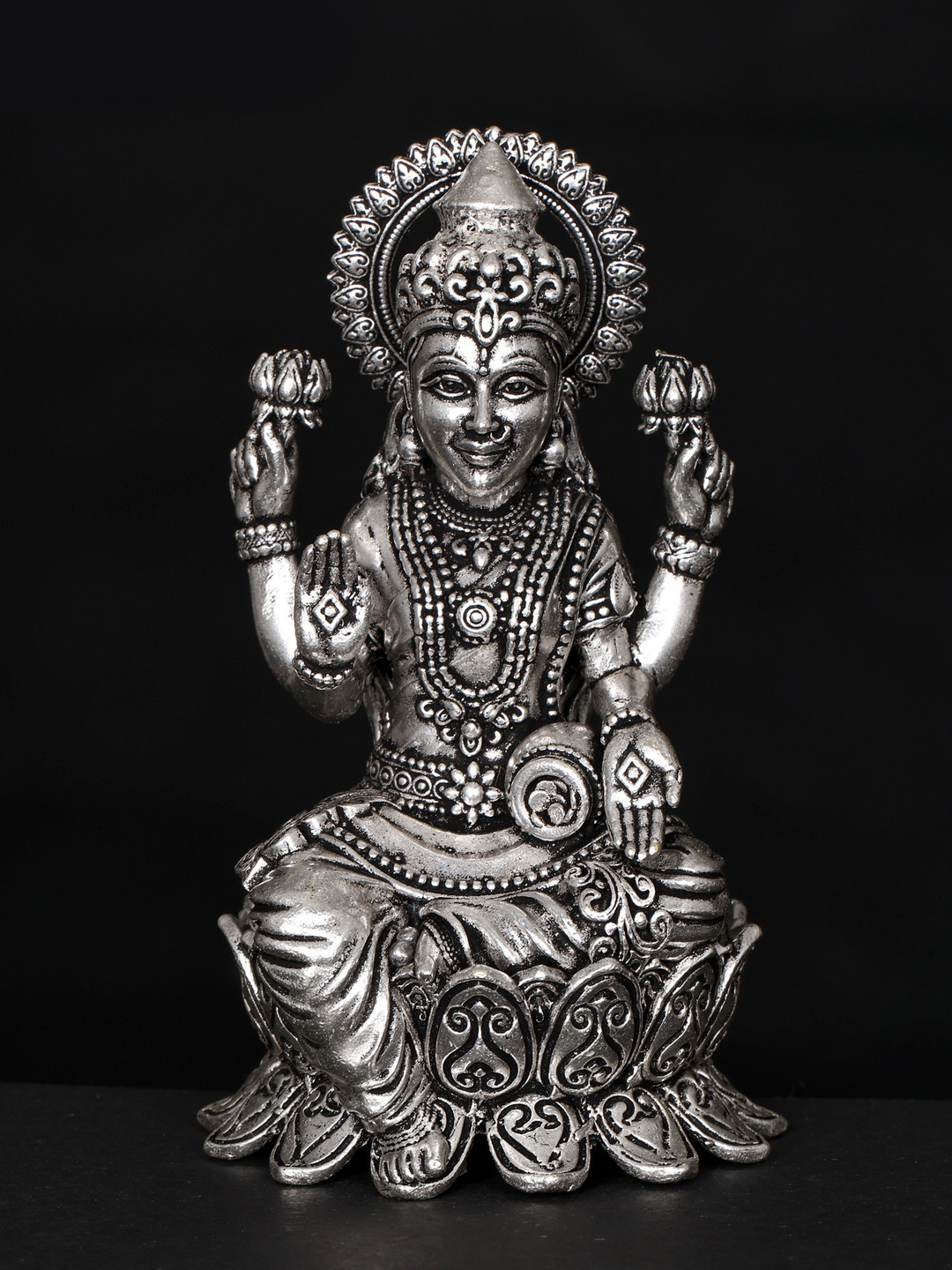 Exotic India Goddess Lakshmi Silver Brass Metallic Prayer Room Small Showpiece - 4 Inches
