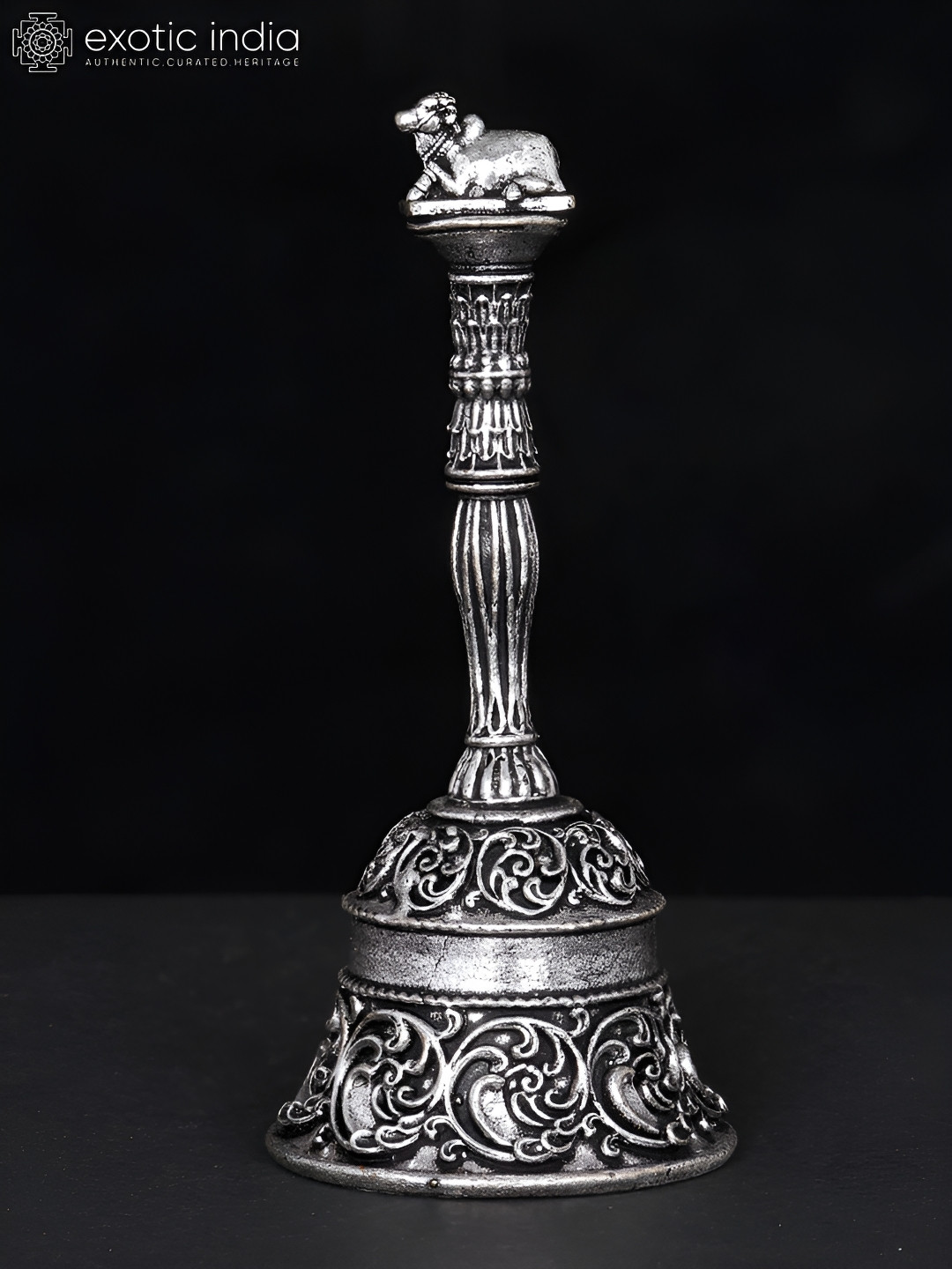 Exotic India Nandi Bell Silver Brass Mirrored Prayer Room Tiny Showpiece - 3 Inches