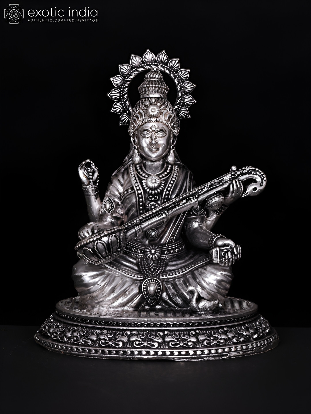 Exotic India Devi Saraswati Silver Brass Mirrored Prayer Room Small Showpiece - 4.7 Inches