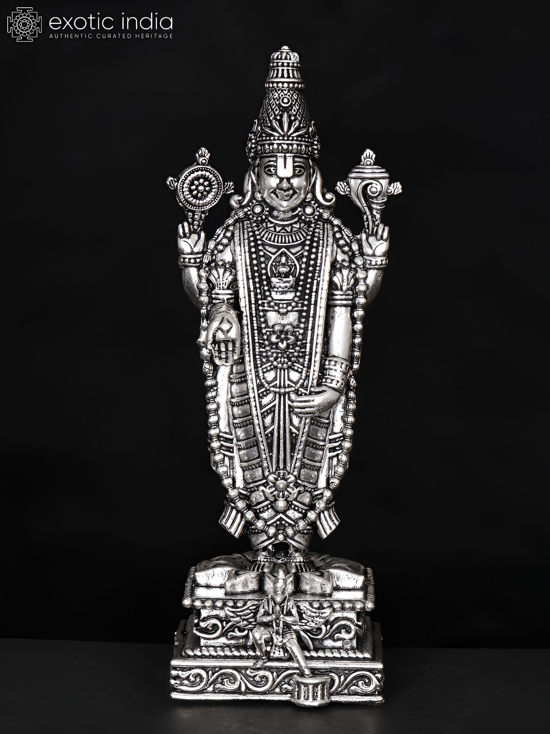 Exotic India Lord Tirupati Balaji Silver Brass Metallic Prayer Room Small Showpiece - 6 Inches