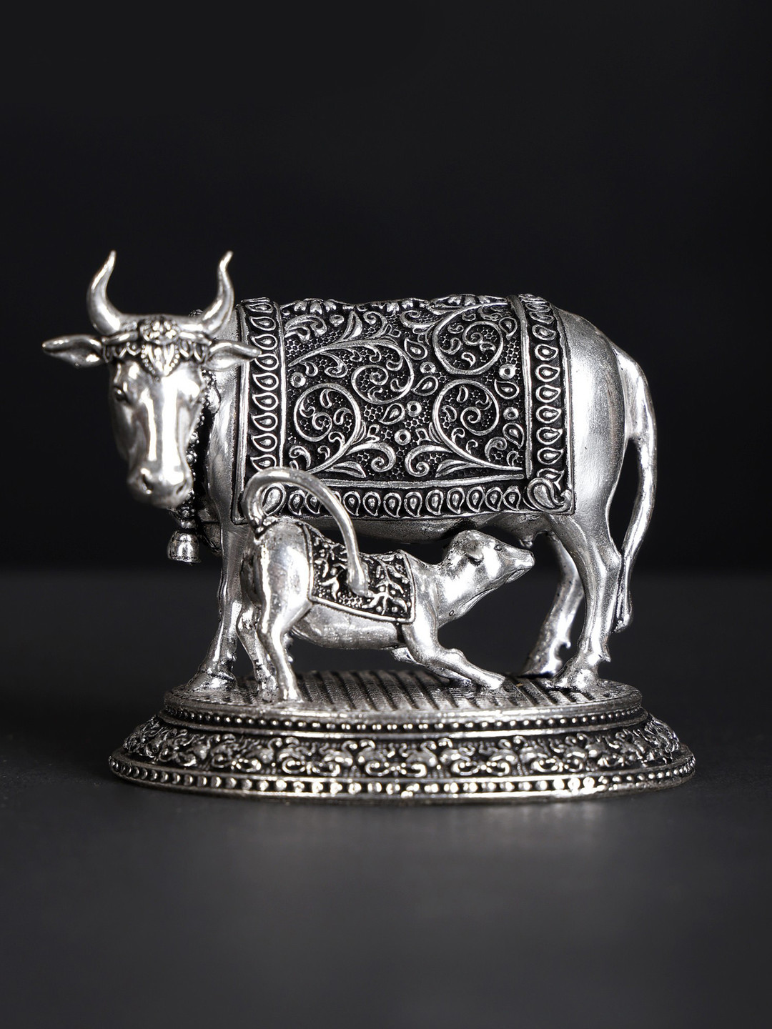 Exotic India Cow and Calf Silver Brass Metallic Prayer Room Tiny Showpiece - 2.8 Inches