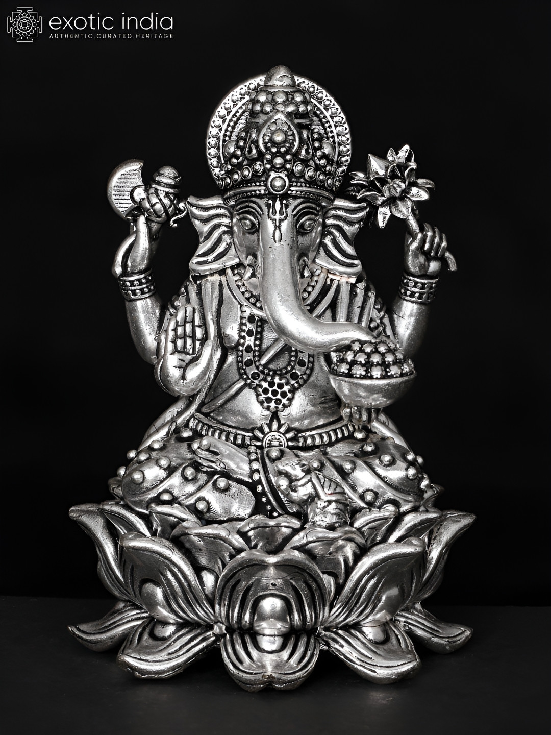 Exotic India Small Superfine Lord Ganesha Seated on Lotus Silver Plated Brass Statue
