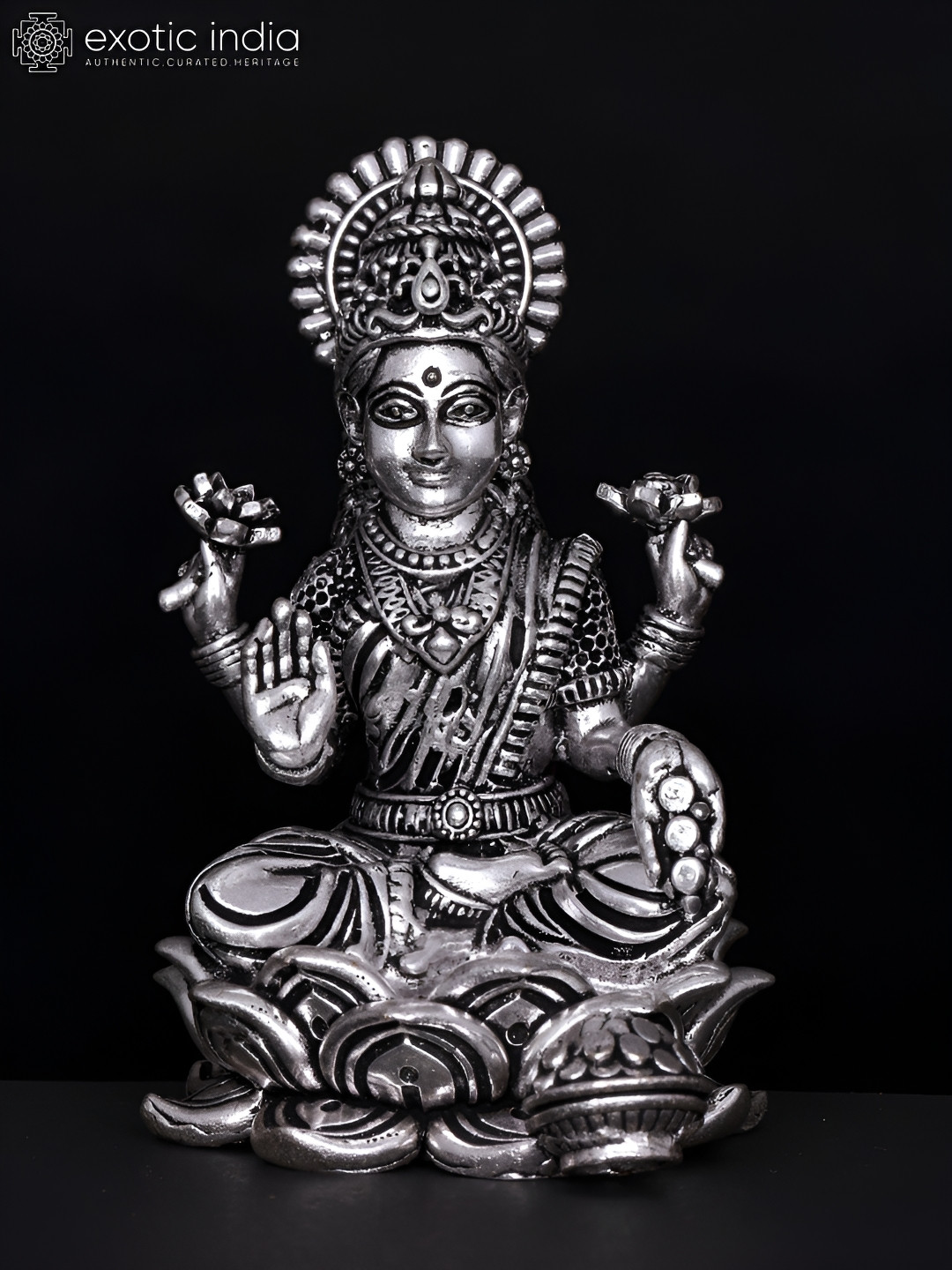 Exotic India Kamalasini Blessing Goddess Lakshmi Silver Brass Metallic Living Room Small Showpiece - 4 Inches
