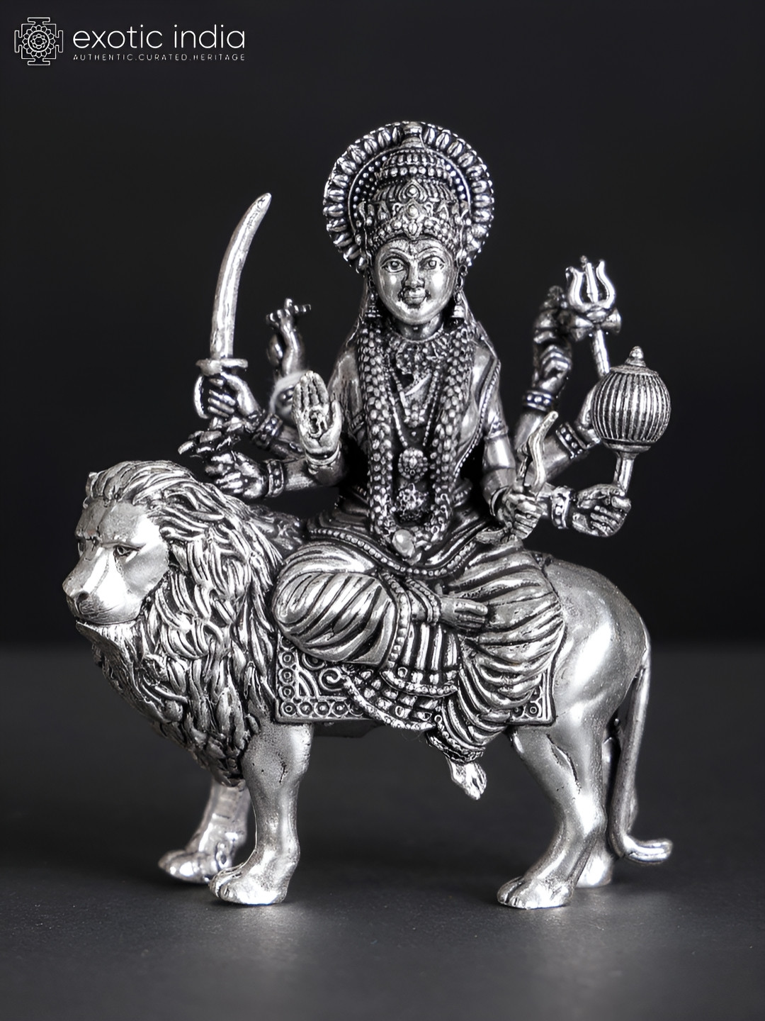 Exotic India Small Ashtabhujadharini Goddess Durga Silver Plated Brass Statue