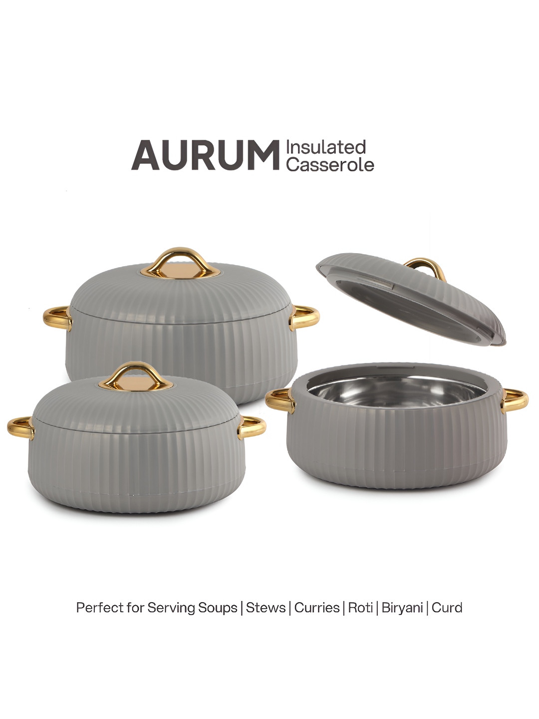 Cello Aurum Grey & Gold-Toned 3 Pieces Textured Insulated Stainless Steel Casserole