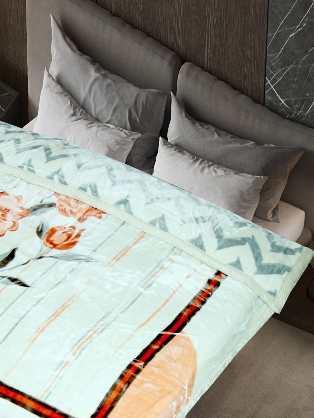 Florida Glamorous Mink Blue & Orange Floral Printed Fur Double Bed Comforter