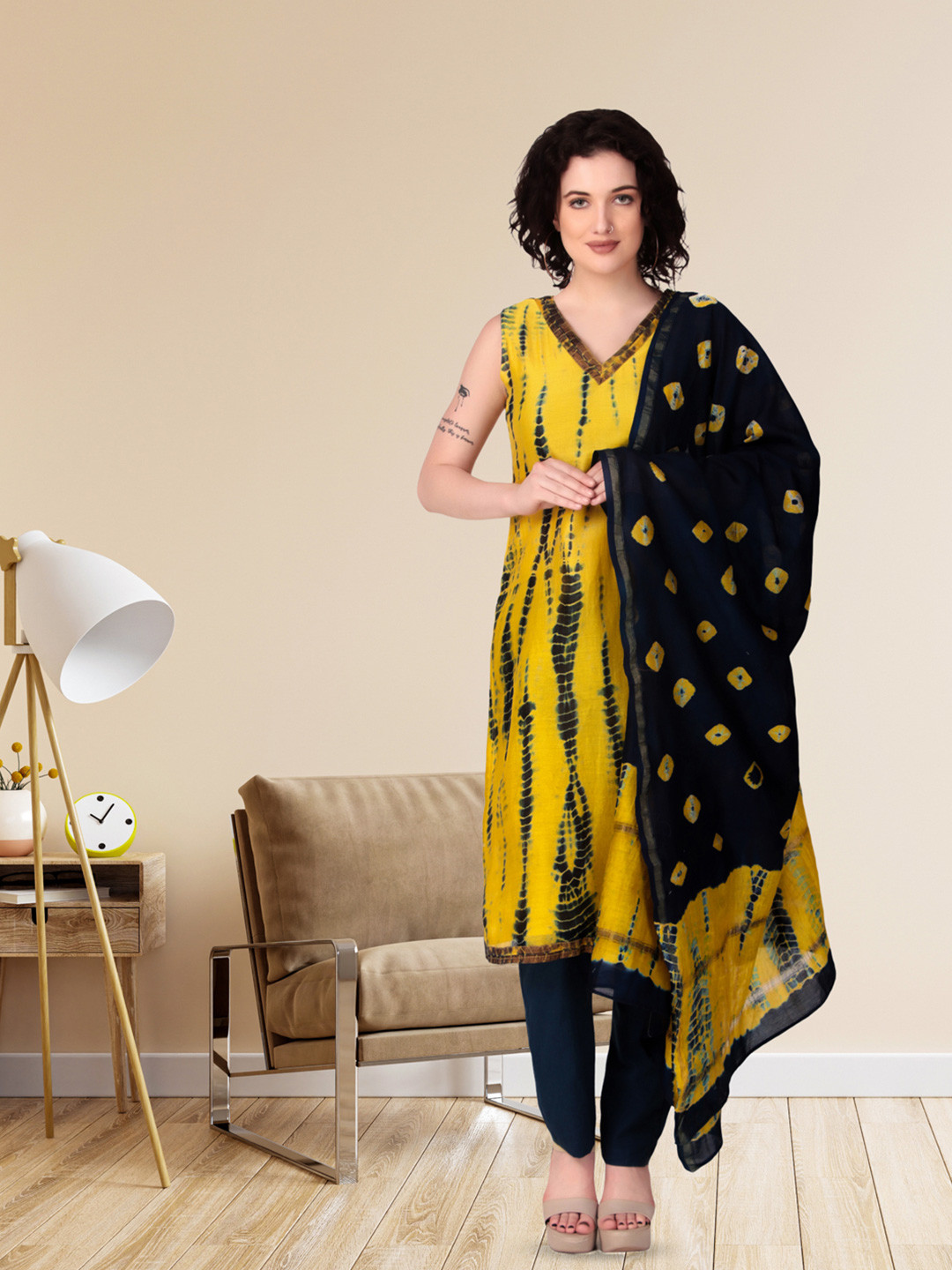 Magnetism Abstract Printed V-Neck Raw Silk Straight Kurta With Trouser And Dupatta