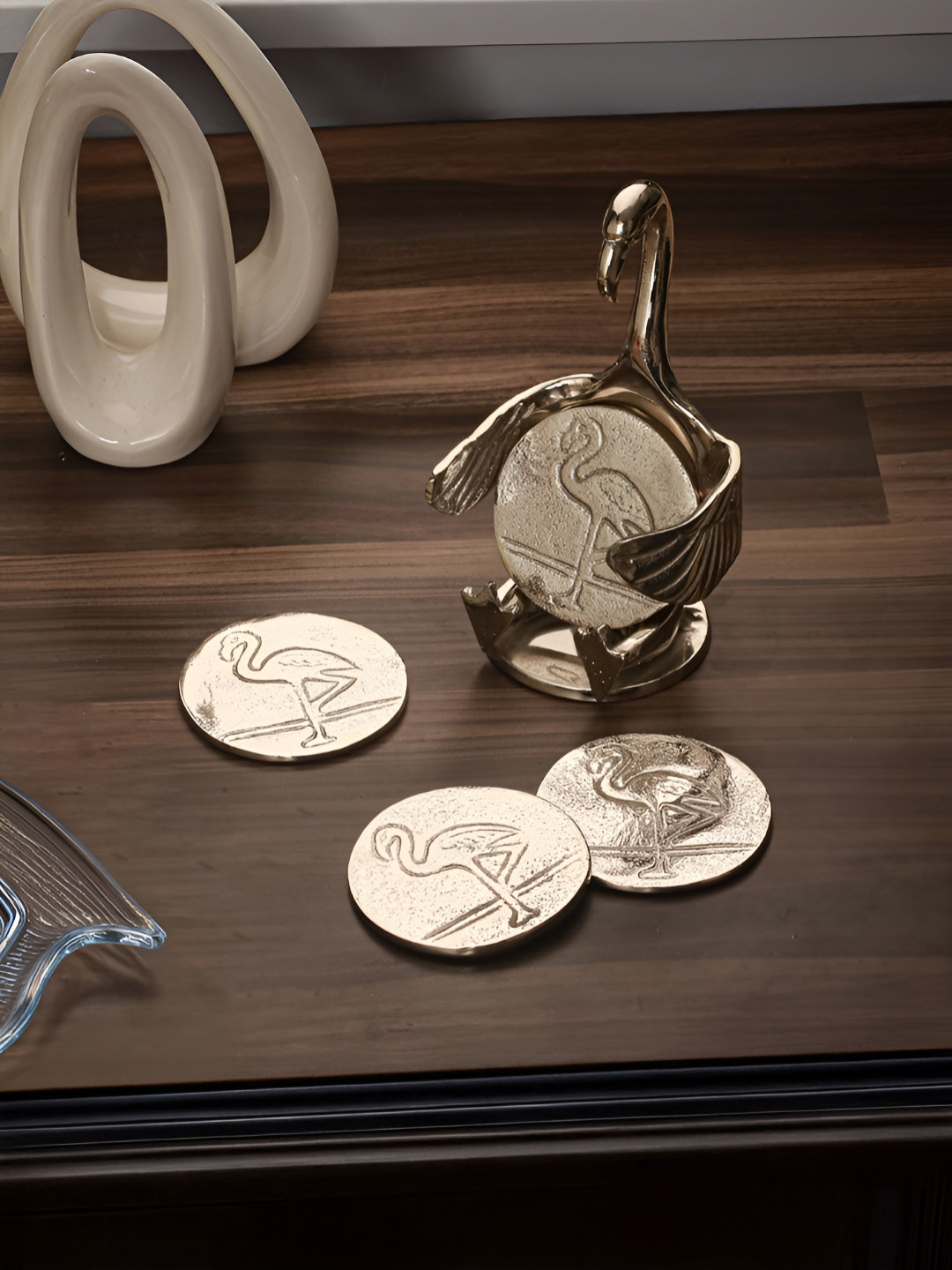 Troveas Silver-Toned 5 Pieces Flamingo Coaster Stand With Coasters