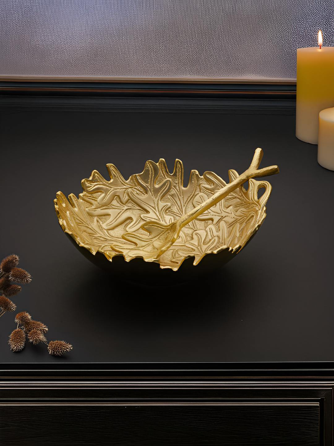 Troveas Gold-Toned Textured Lush Leaves Salad Aluminium Serving Bowl