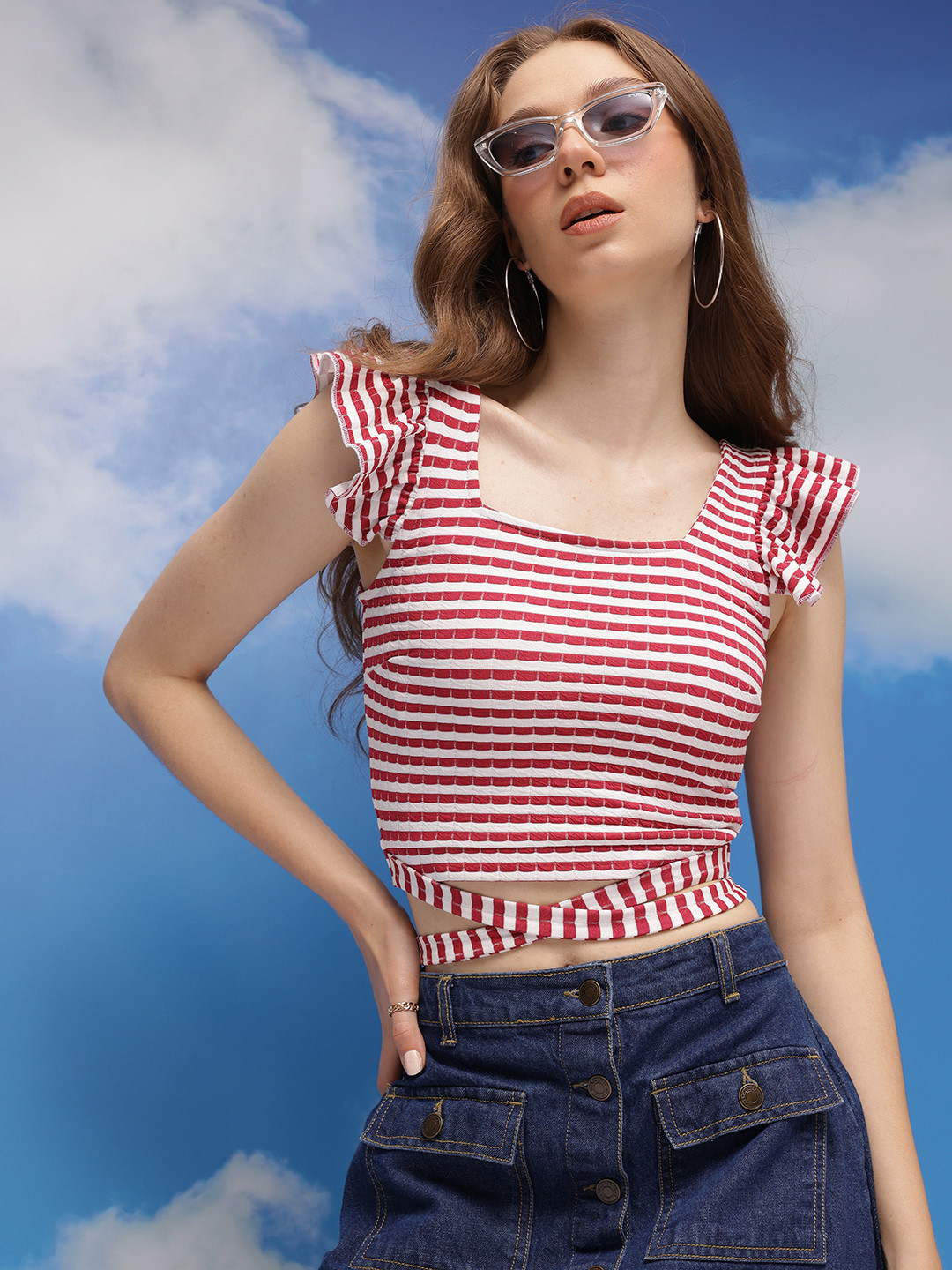 CORSICA Striped Flutter Sleeves Waist Tie-Ups Textured Crop Top