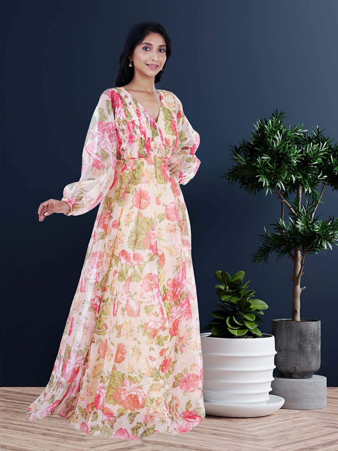 Magnetism Women Pure Organza Floral Printed Full Flared Gown with Satin Linning